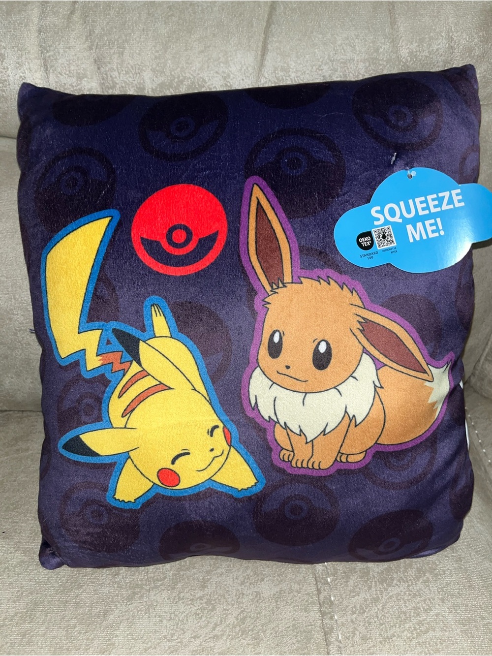 Pokemon Pikachu & Eevee Plush Squeeze Cloud Pillow - Navy Background NWT